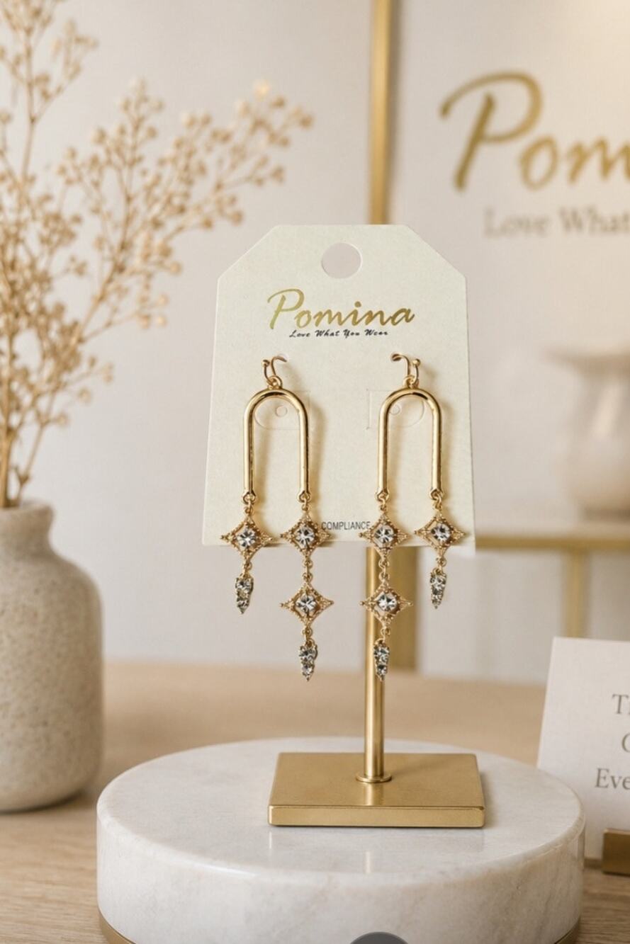 Pomina Gold Rhinestone Dangel Earrings New